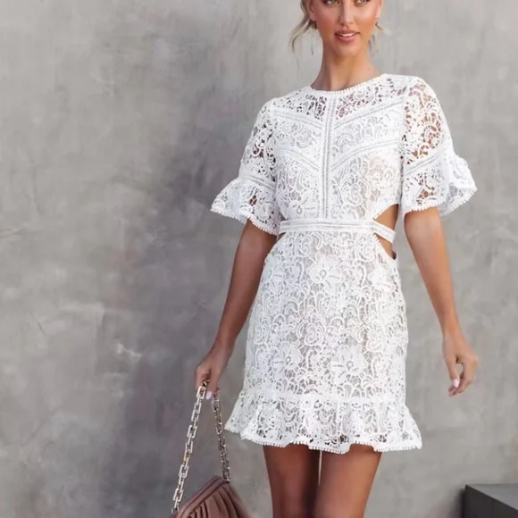 white christmas dresses Champagne Floral Crochet Overlay Halter Midi Dress main image 0